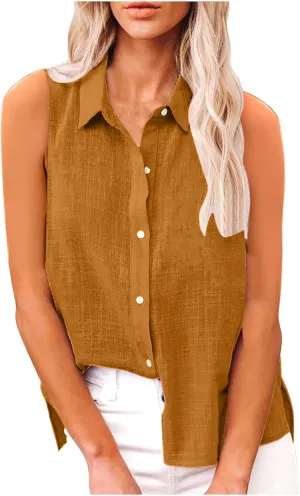 Cotton Linen Shirts for Women Sleeveless Collared Tank Tops Button Down Blouses Work Shirts Casual Summer Tshirt