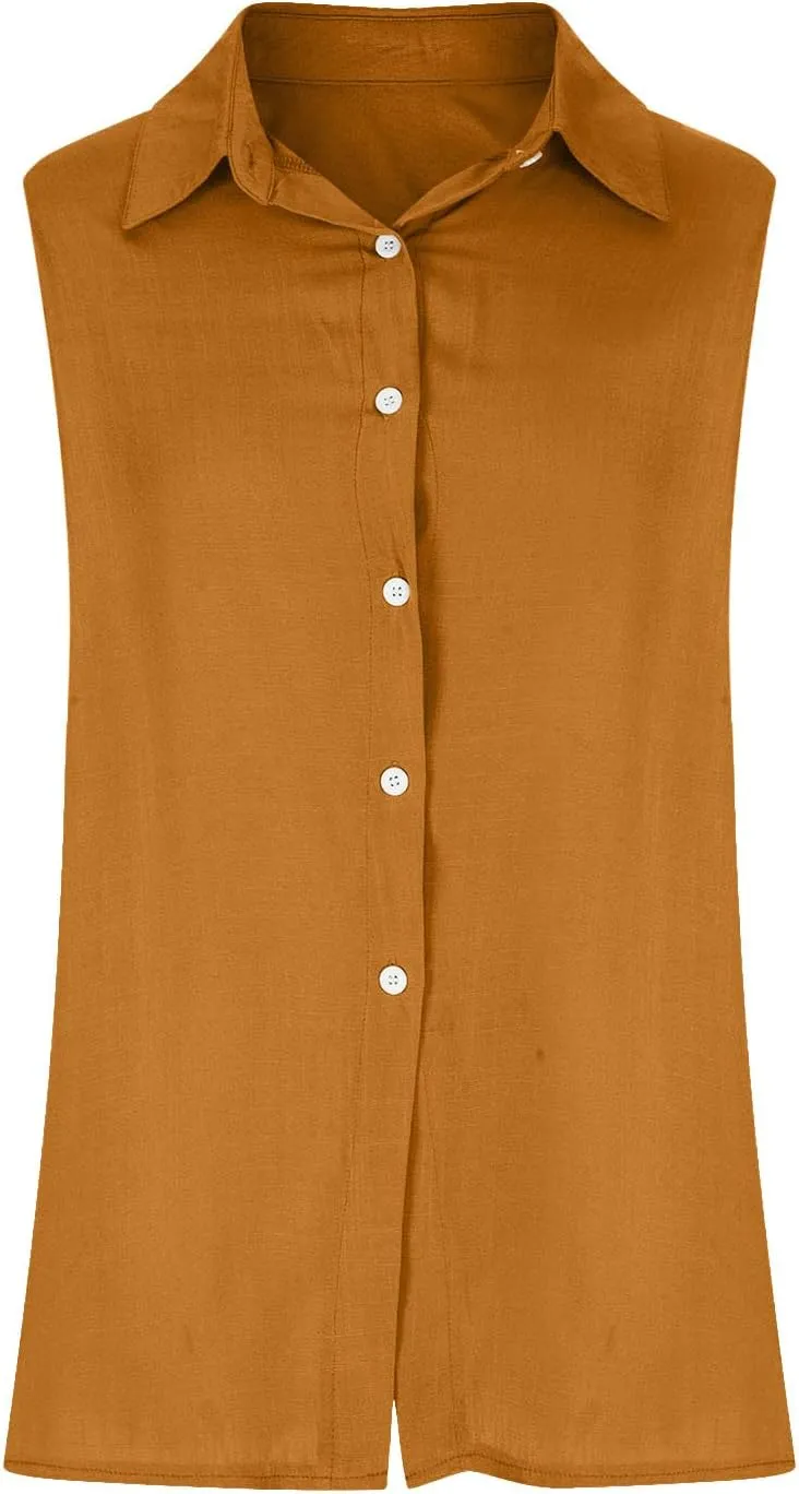 Cotton Linen Shirts for Women Sleeveless Collared Tank Tops Button Down Blouses Work Shirts Casual Summer Tshirt