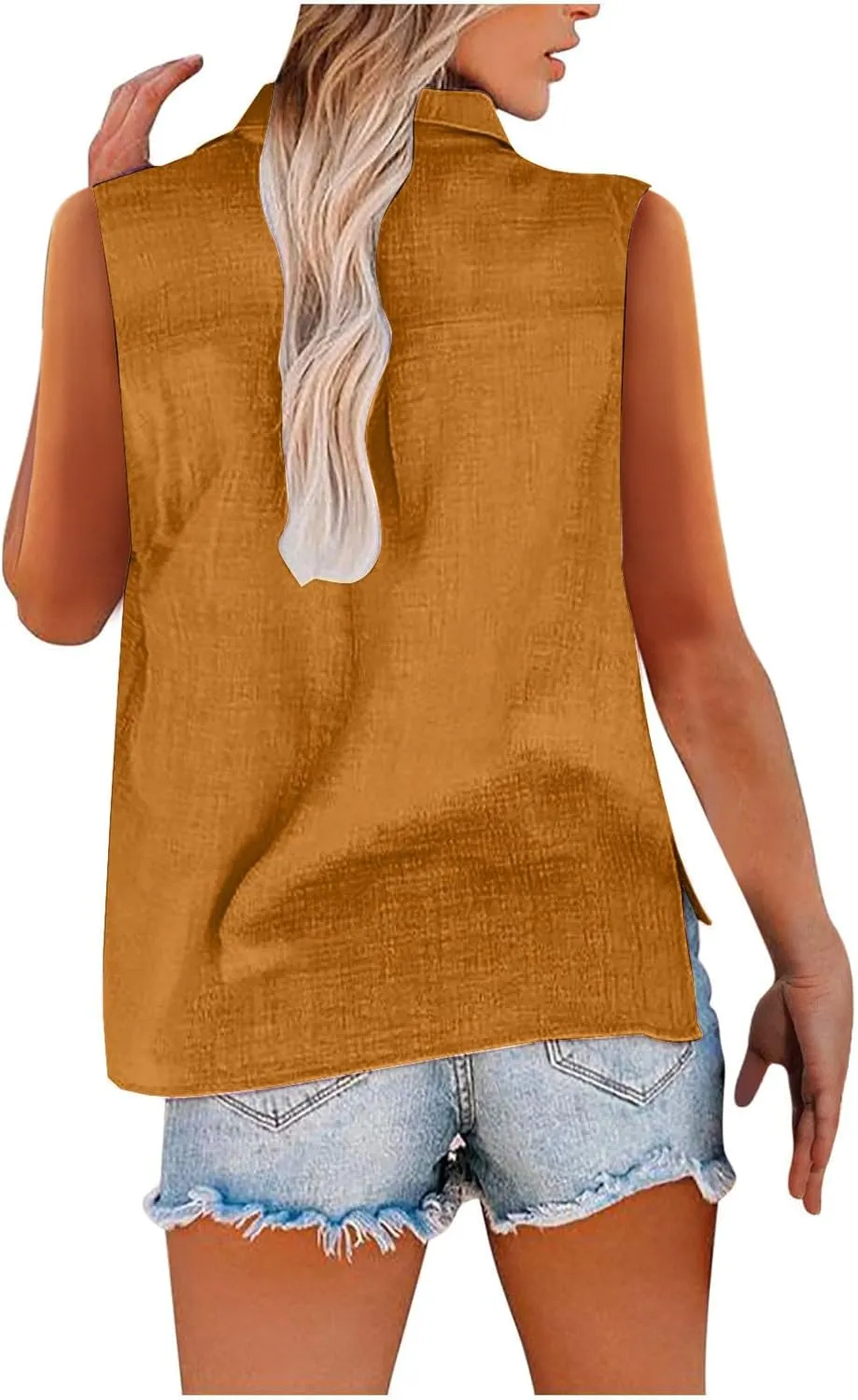 Cotton Linen Shirts for Women Sleeveless Collared Tank Tops Button Down Blouses Work Shirts Casual Summer Tshirt