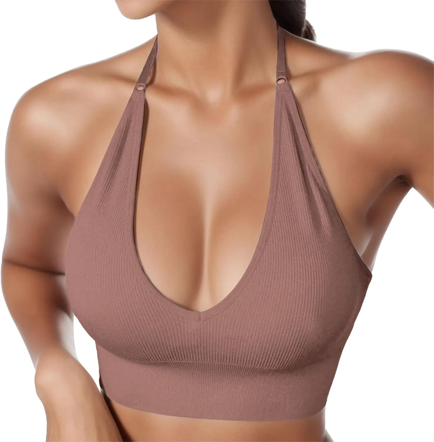 Deep Plunge Ribbed Tank Top Pack for Woman V Neck Seamless Raceback Sexy Sleeveless Crop Top Halter Yoga Bra