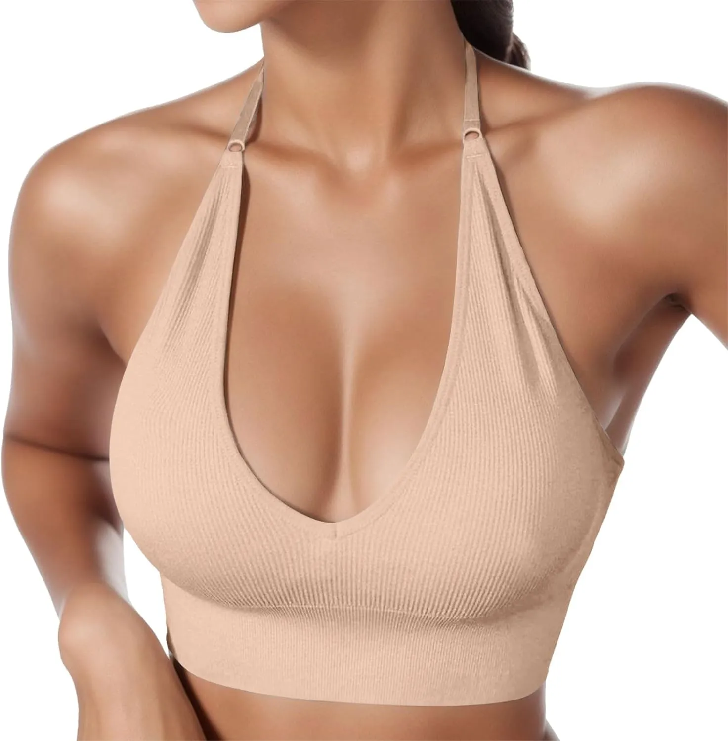 Deep Plunge Ribbed Tank Top Pack for Woman V Neck Seamless Raceback Sexy Sleeveless Crop Top Halter Yoga Bra