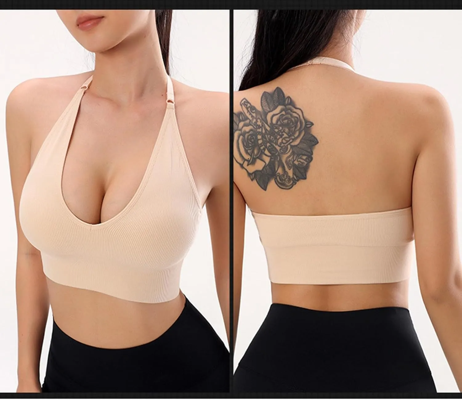 Deep Plunge Ribbed Tank Top Pack for Woman V Neck Seamless Raceback Sexy Sleeveless Crop Top Halter Yoga Bra