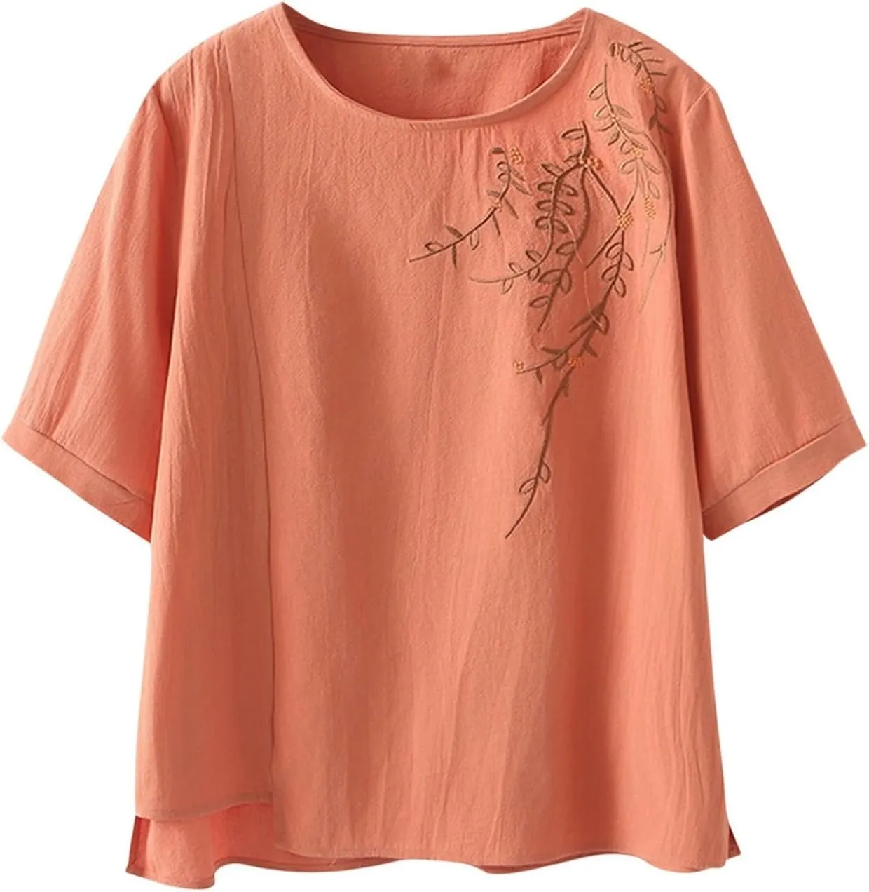 Fashion Embroidery T Shirt for Women Casual Short Sleeve Crewneck Tunic Tops Oversized Summer Cotton Basic Blouses