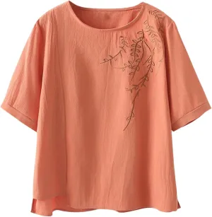 Fashion Embroidery T Shirt for Women Casual Short Sleeve Crewneck Tunic Tops Oversized Summer Cotton Basic Blouses