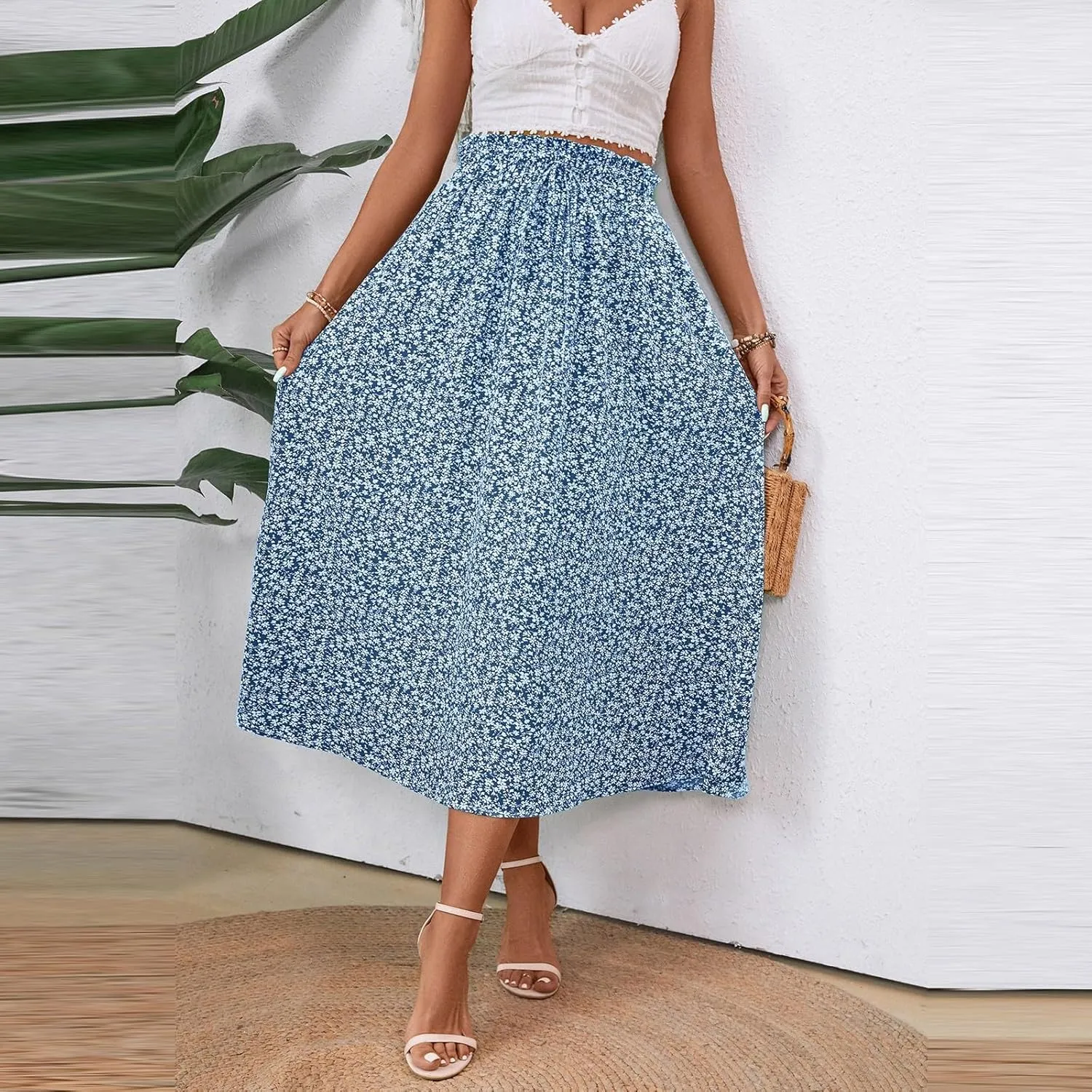 Floral Midi Skirt Boho Flowy Elastic High Waist A Line Skirt Bow Linen Flared Beach Long Skirts for Women with Pockets