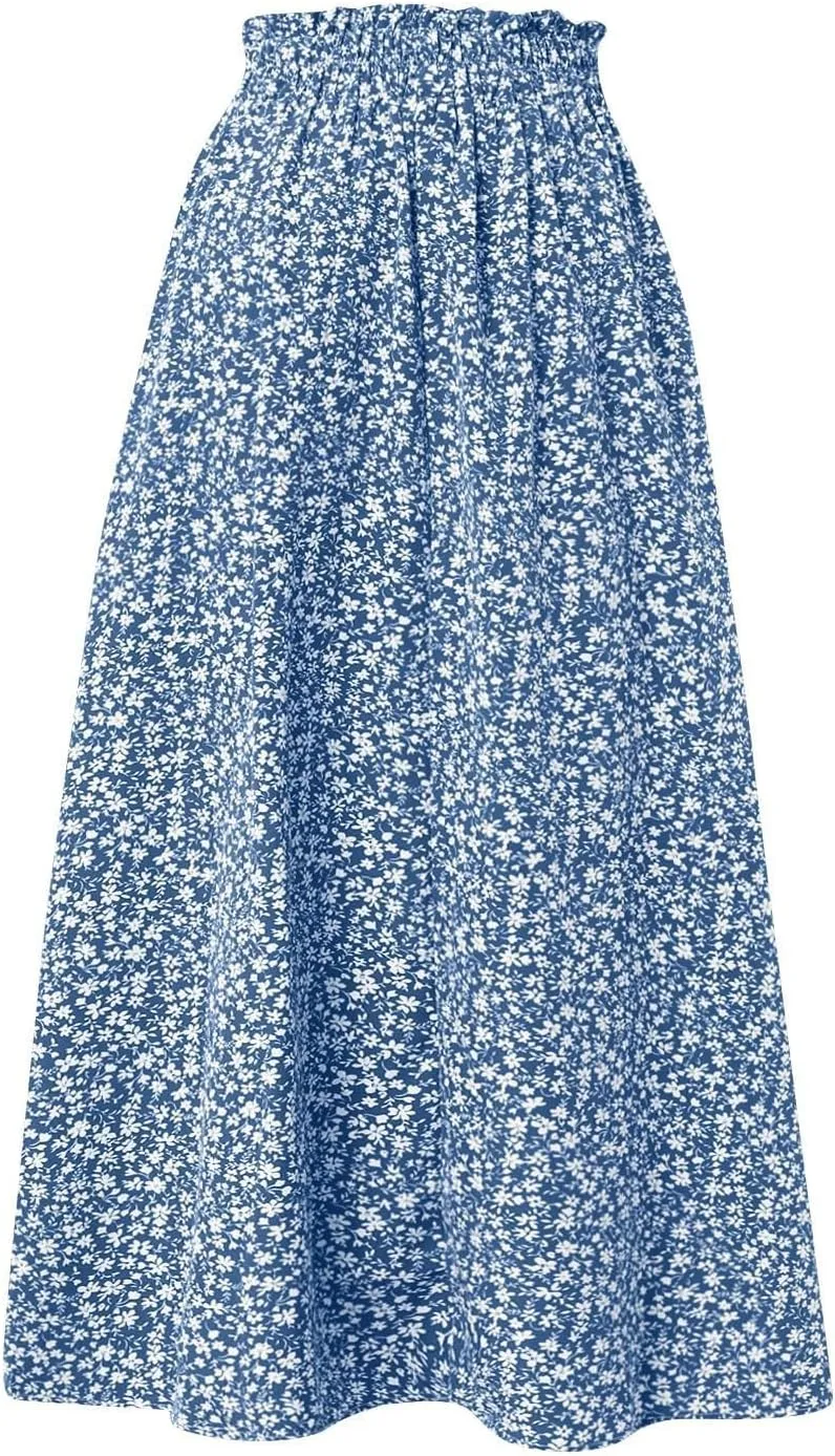 Floral Midi Skirt Boho Flowy Elastic High Waist A Line Skirt Bow Linen Flared Beach Long Skirts for Women with Pockets
