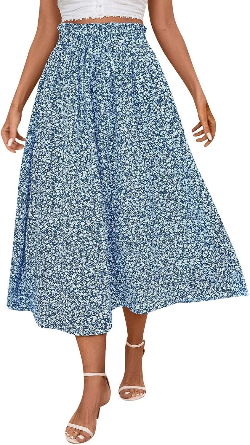 Floral Midi Skirt Boho Flowy Elastic High Waist A Line Skirt Bow Linen Flared Beach Long Skirts for Women with Pockets