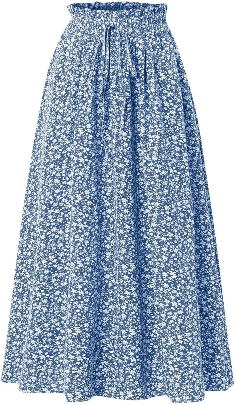 Floral Midi Skirt Boho Flowy Elastic High Waist A Line Skirt Bow Linen Flared Beach Long Skirts for Women with Pockets