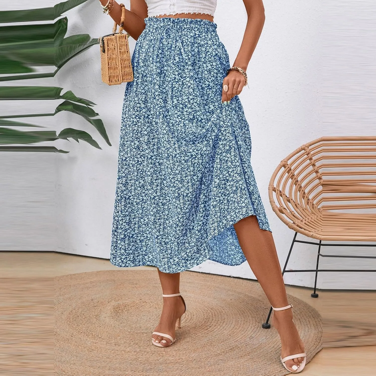 Floral Midi Skirt Boho Flowy Elastic High Waist A Line Skirt Bow Linen Flared Beach Long Skirts for Women with Pockets