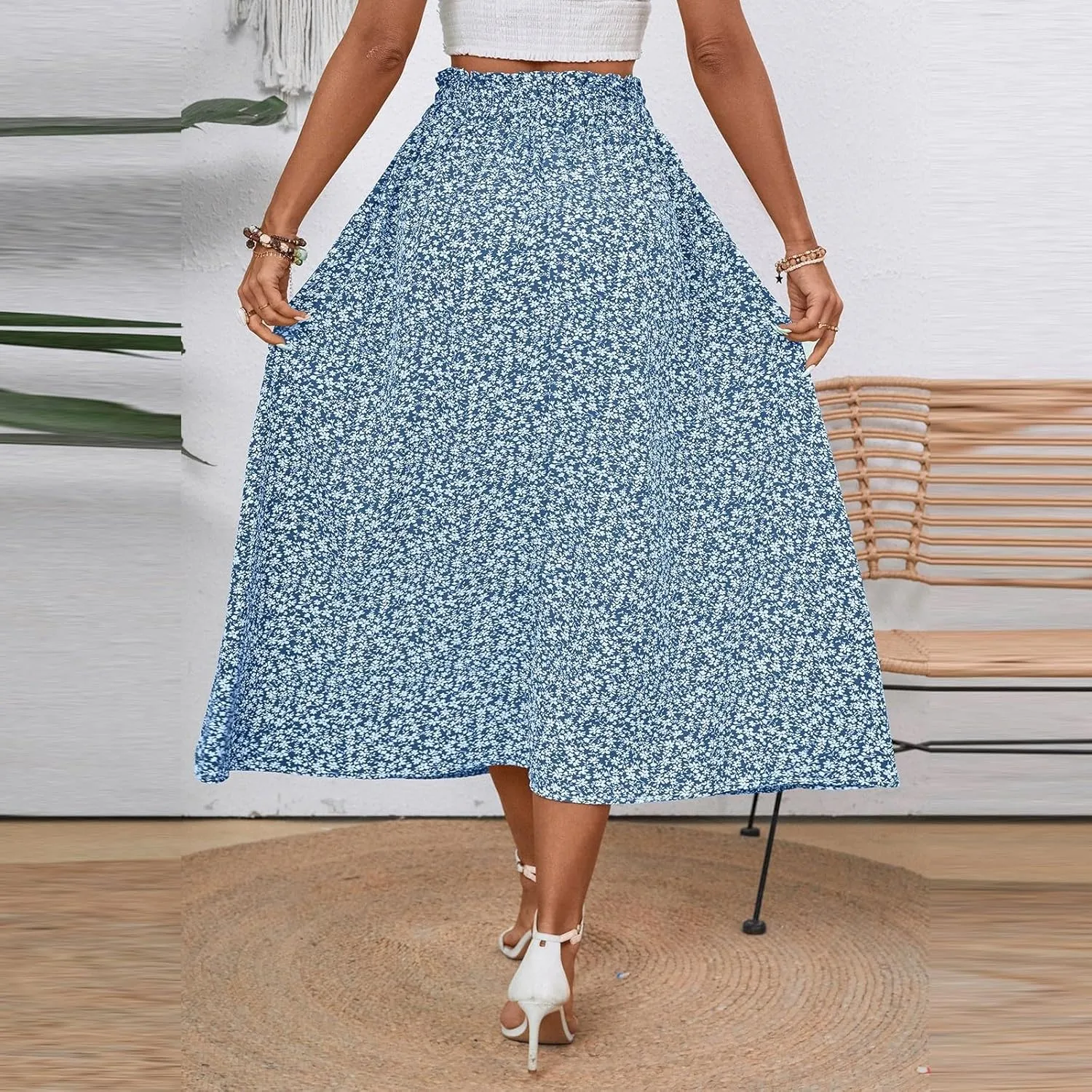Floral Midi Skirt Boho Flowy Elastic High Waist A Line Skirt Bow Linen Flared Beach Long Skirts for Women with Pockets
