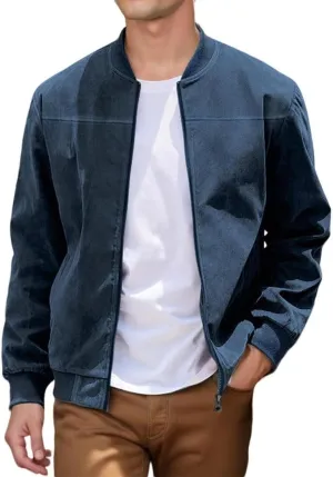FMCHICO Men's Casual Zip Up Jacket Vintage Lightweight Suede Bomber Jackets