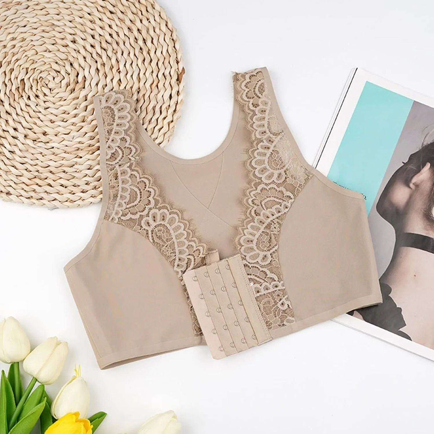 Front Closure Lace Bras for Women Mesh Posture Smooth Back Wirefree Bra Seamless Brassiere Plus Size Brelette