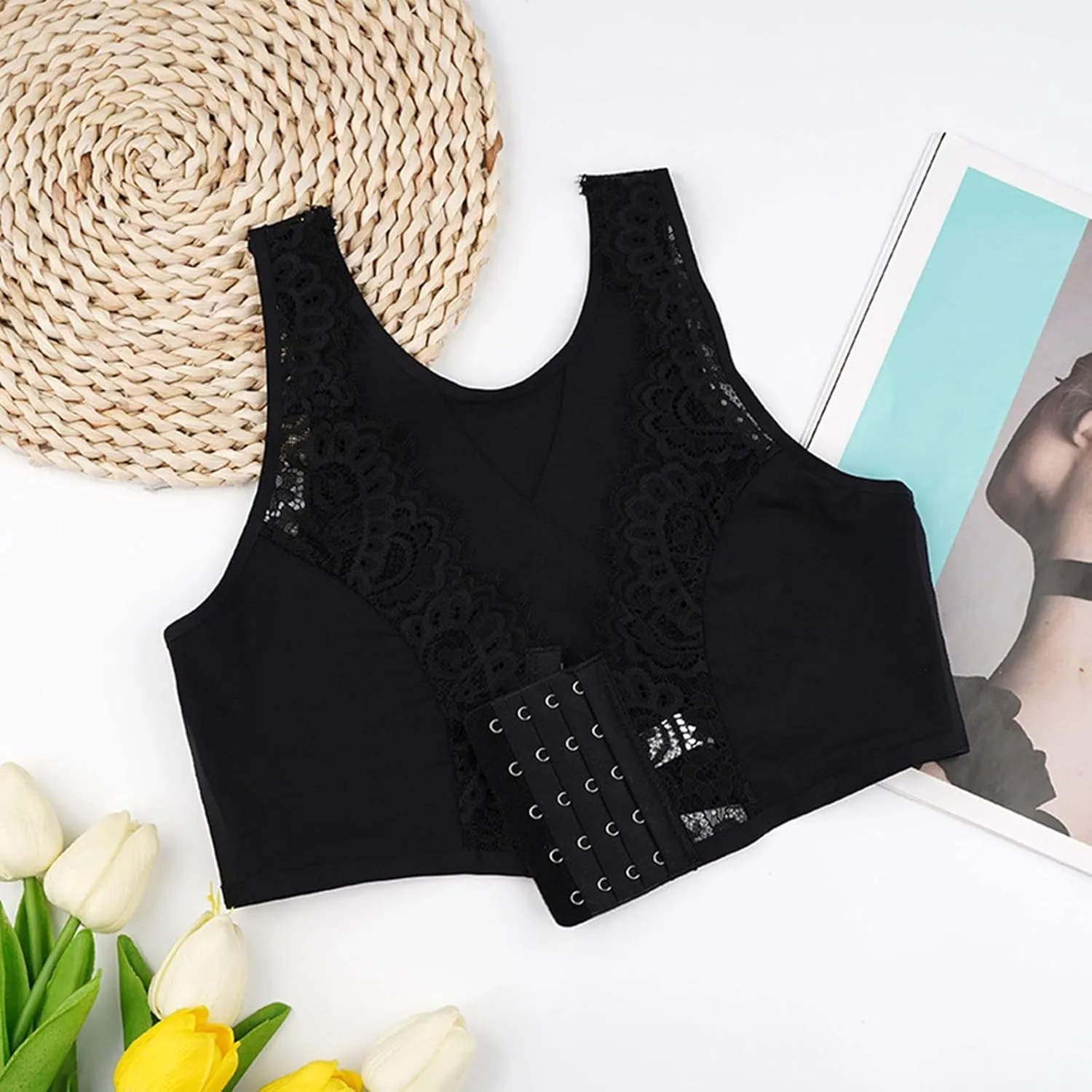 Front Closure Lace Bras for Women Mesh Posture Smooth Back Wirefree Bra Seamless Brassiere Plus Size Brelette
