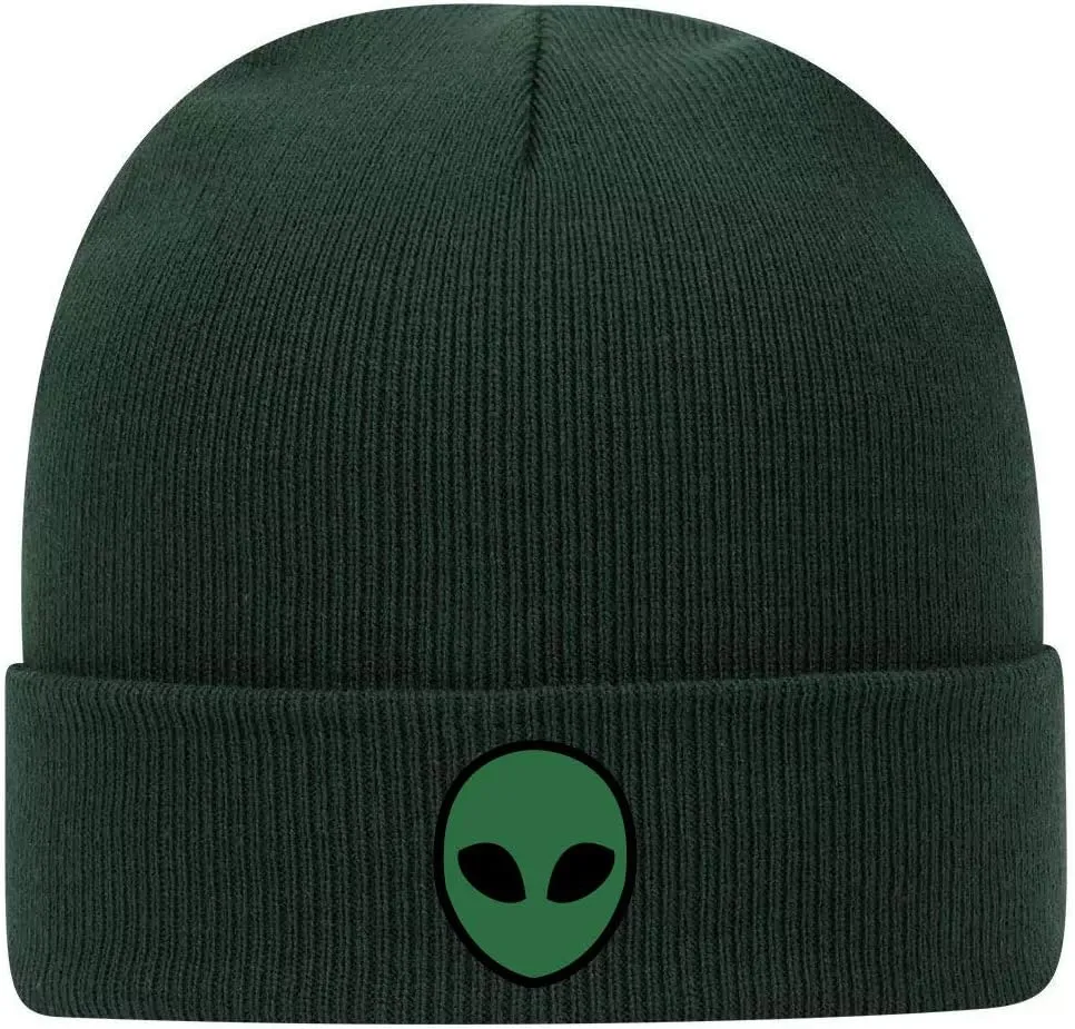 Green Alien Head Graphic Printed Superior Cotton Blend Classic Knit Cuff Beanies for Men & Women