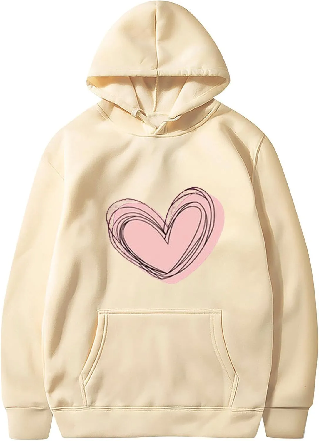 Heart Graphic Hoodie Women Casual Pullover Sweatshirt Drawstring Pocket Relax Long Sleeve Streetwear