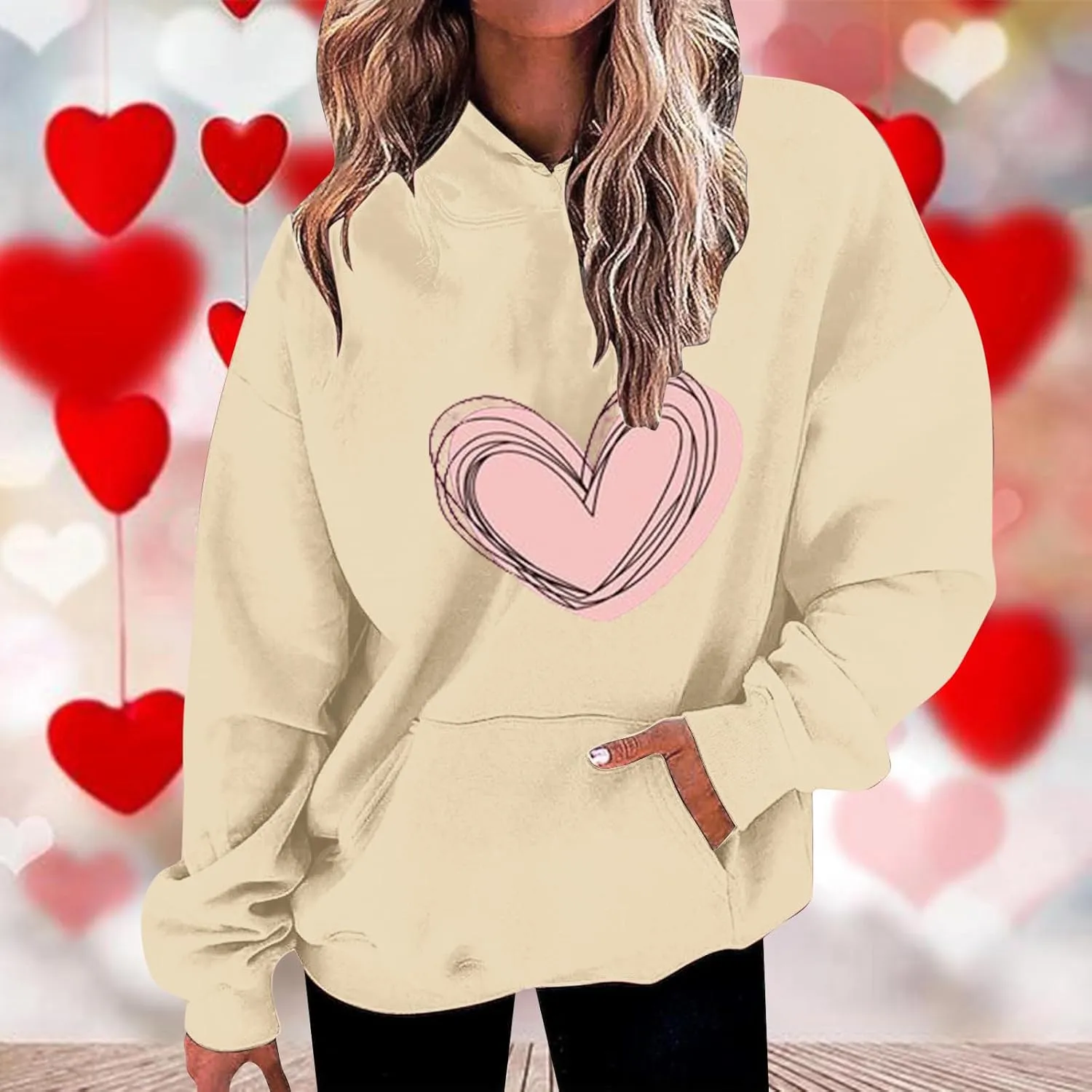 Heart Graphic Hoodie Women Casual Pullover Sweatshirt Drawstring Pocket Relax Long Sleeve Streetwear