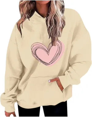 Heart Graphic Hoodie Women Casual Pullover Sweatshirt Drawstring Pocket Relax Long Sleeve Streetwear
