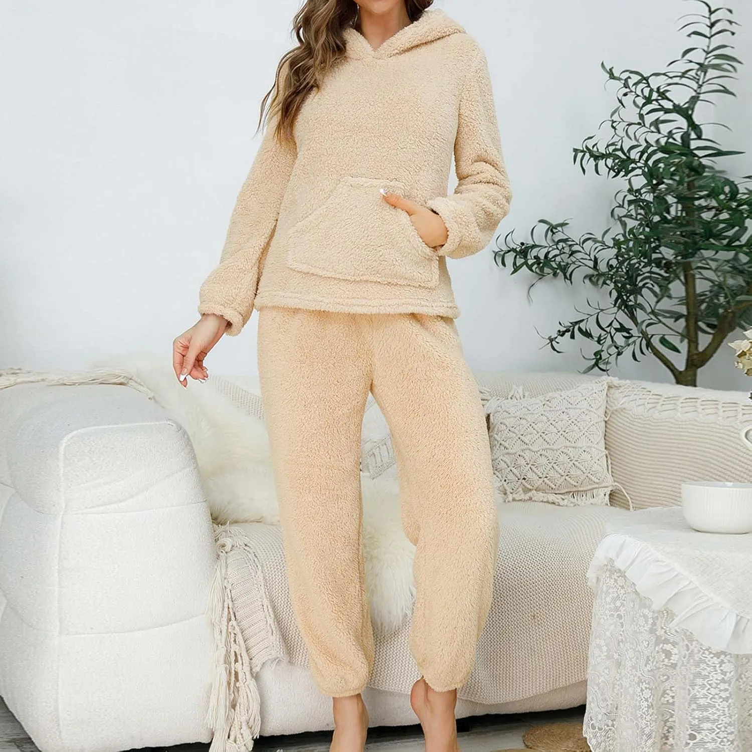 HGps8w Fuzzy Fleece Pajama Sets for Women Winter Warm Pullover Hoodies Sleepwear Comfy Plush Pants Pjs Lounge Sweatsuits