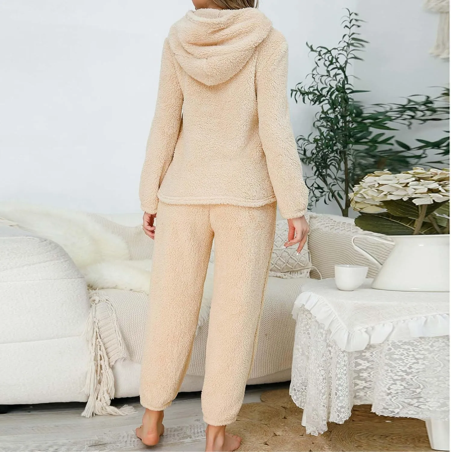 HGps8w Fuzzy Fleece Pajama Sets for Women Winter Warm Pullover Hoodies Sleepwear Comfy Plush Pants Pjs Lounge Sweatsuits