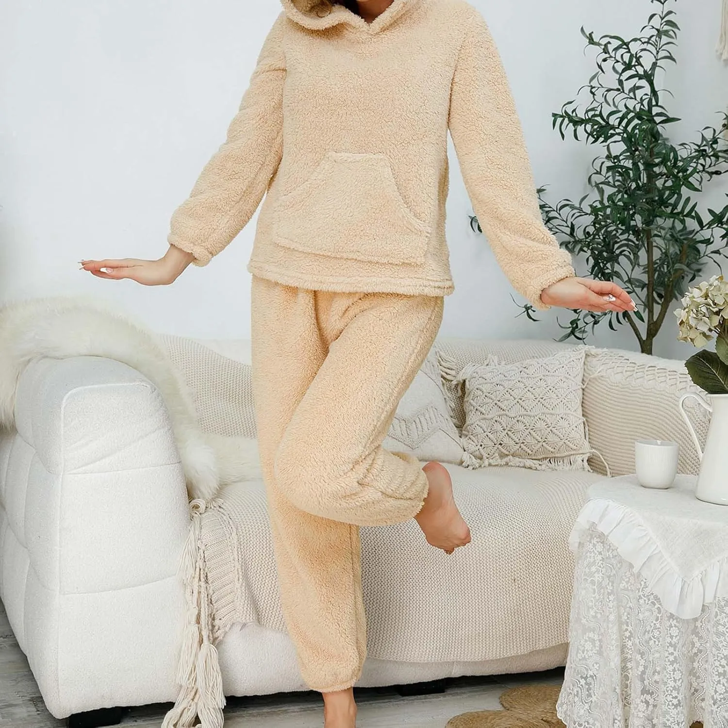 HGps8w Fuzzy Fleece Pajama Sets for Women Winter Warm Pullover Hoodies Sleepwear Comfy Plush Pants Pjs Lounge Sweatsuits