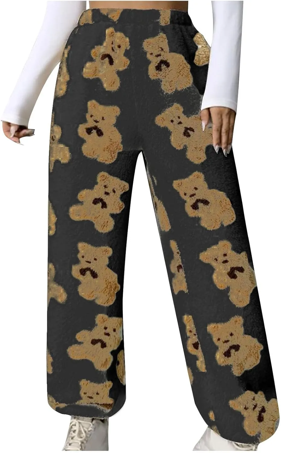 HGps8w Women's Cute Bear Plush Pajama Pants, Soft Fluffy Fleece Warm Pjs Bottoms Sleepwear Winter Comfy Fuzzy Lounge Pants