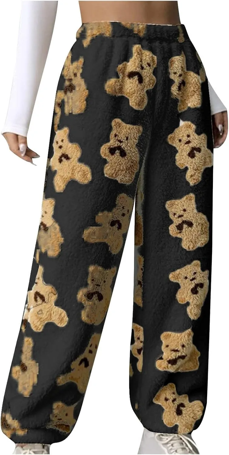 HGps8w Women's Cute Bear Plush Pajama Pants, Soft Fluffy Fleece Warm Pjs Bottoms Sleepwear Winter Comfy Fuzzy Lounge Pants