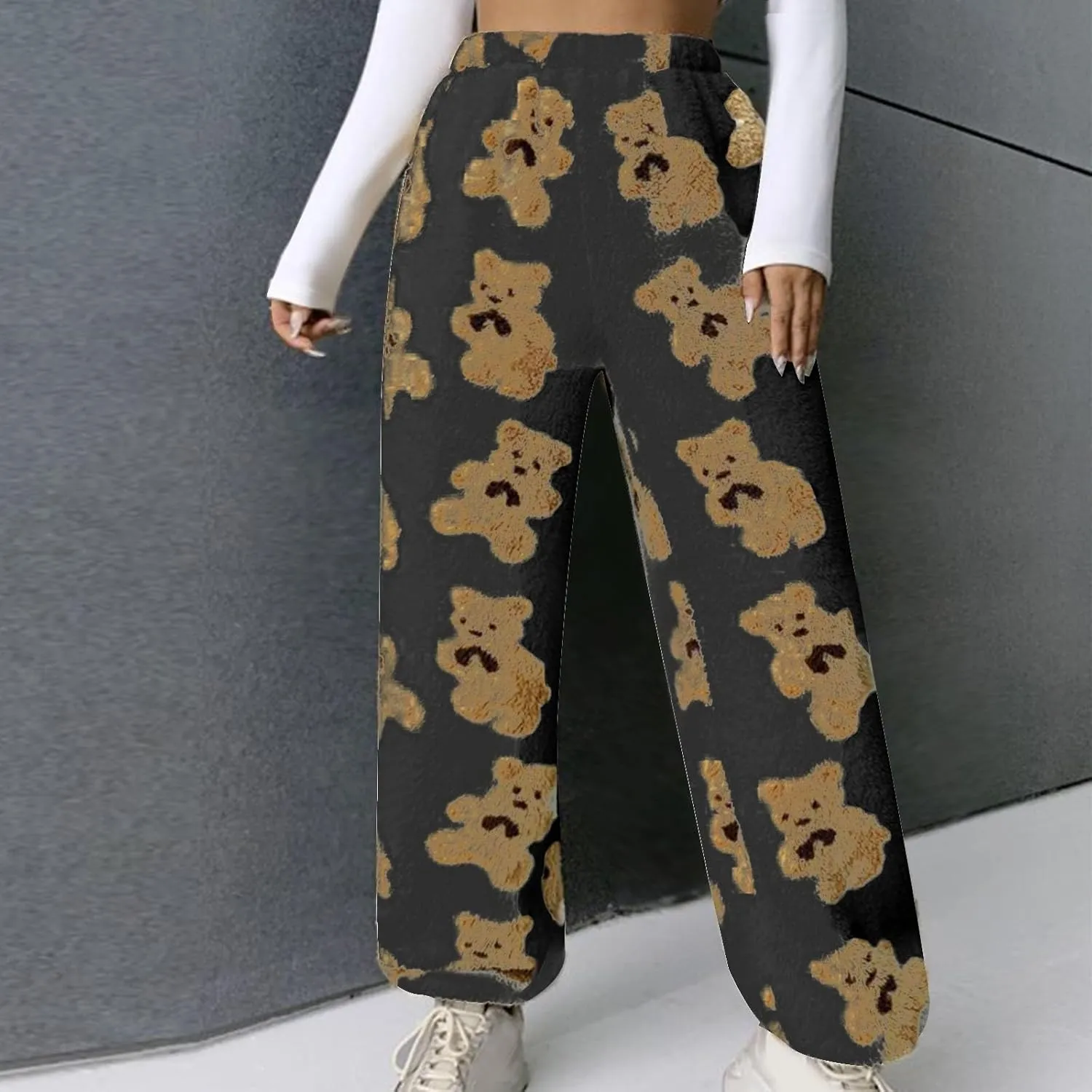 HGps8w Women's Cute Bear Plush Pajama Pants, Soft Fluffy Fleece Warm Pjs Bottoms Sleepwear Winter Comfy Fuzzy Lounge Pants