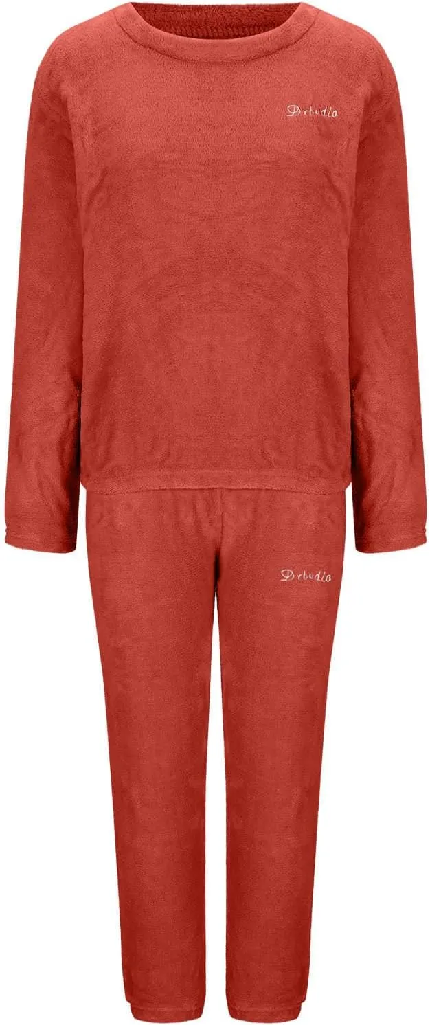HGps8w Women's Embroidery Fuzzy Fleece Pajama Sets - Long Sleeve Pullover Sleepwear Tops Long Pants 2 Piece Lounge Outfits