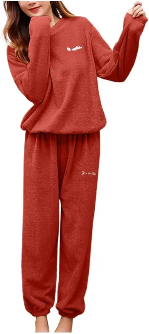 HGps8w Women's Embroidery Fuzzy Fleece Pajama Sets - Long Sleeve Pullover Sleepwear Tops Long Pants 2 Piece Lounge Outfits