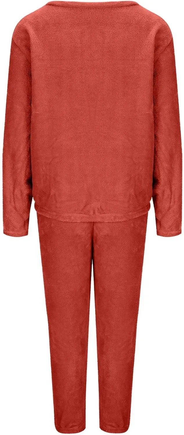HGps8w Women's Embroidery Fuzzy Fleece Pajama Sets - Long Sleeve Pullover Sleepwear Tops Long Pants 2 Piece Lounge Outfits