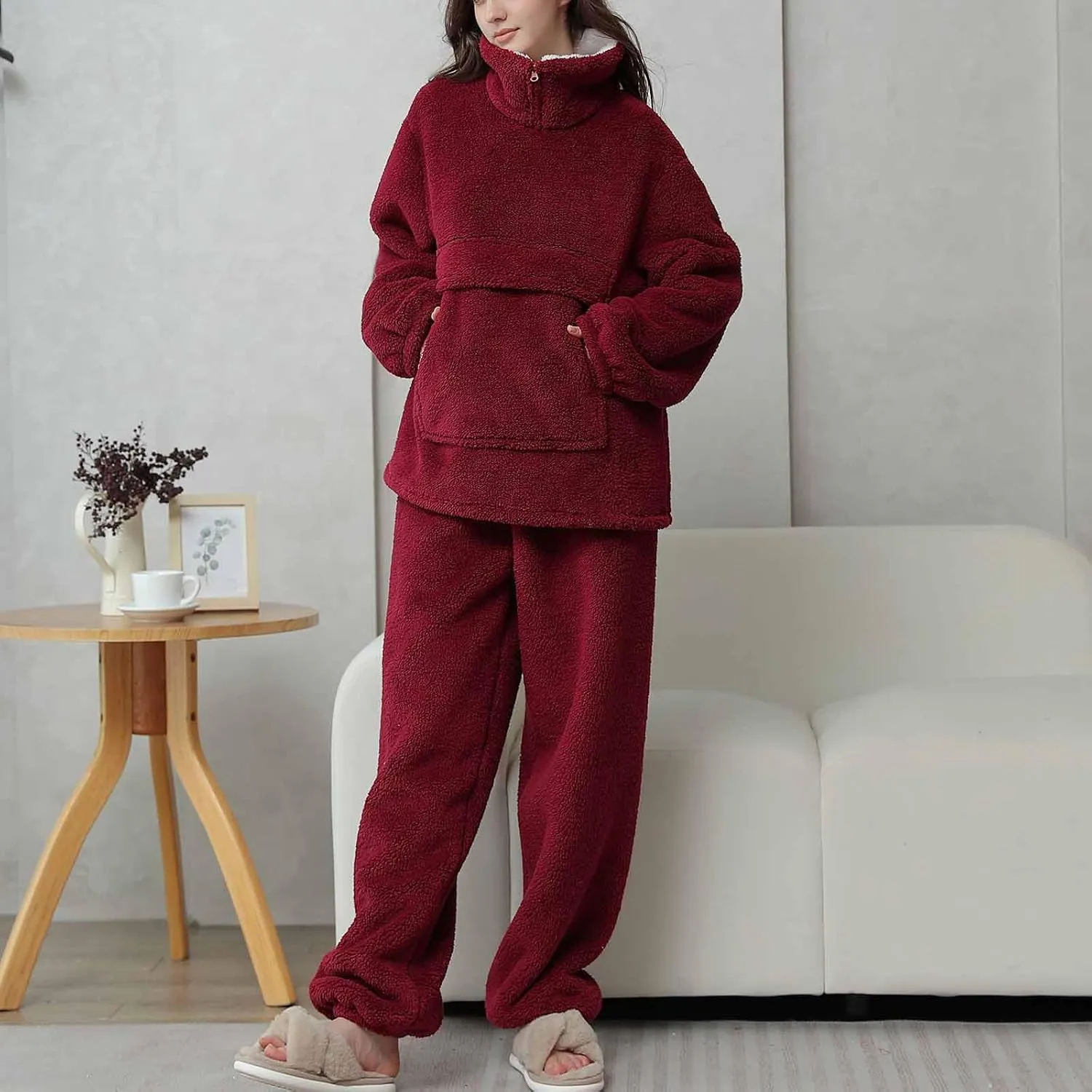 HGps8w Women's Fuzzy Fleece Pajama Sets - Warm Winter Pullover Lapel Oversized Sleepwear Tops with Plush Pants Lounge Pjs