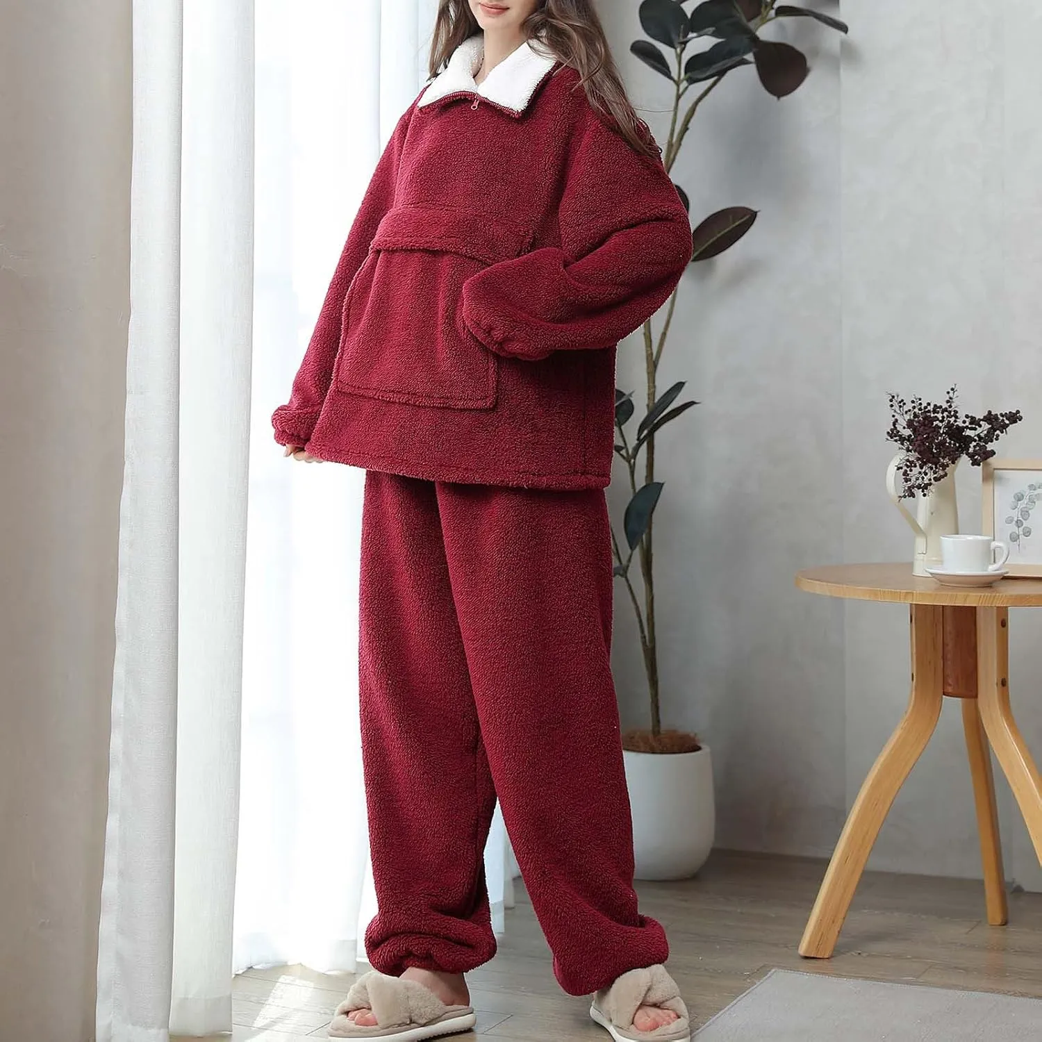HGps8w Women's Fuzzy Fleece Pajama Sets - Warm Winter Pullover Lapel Oversized Sleepwear Tops with Plush Pants Lounge Pjs