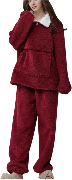 HGps8w Women's Fuzzy Fleece Pajama Sets - Warm Winter Pullover Lapel Oversized Sleepwear Tops with Plush Pants Lounge Pjs