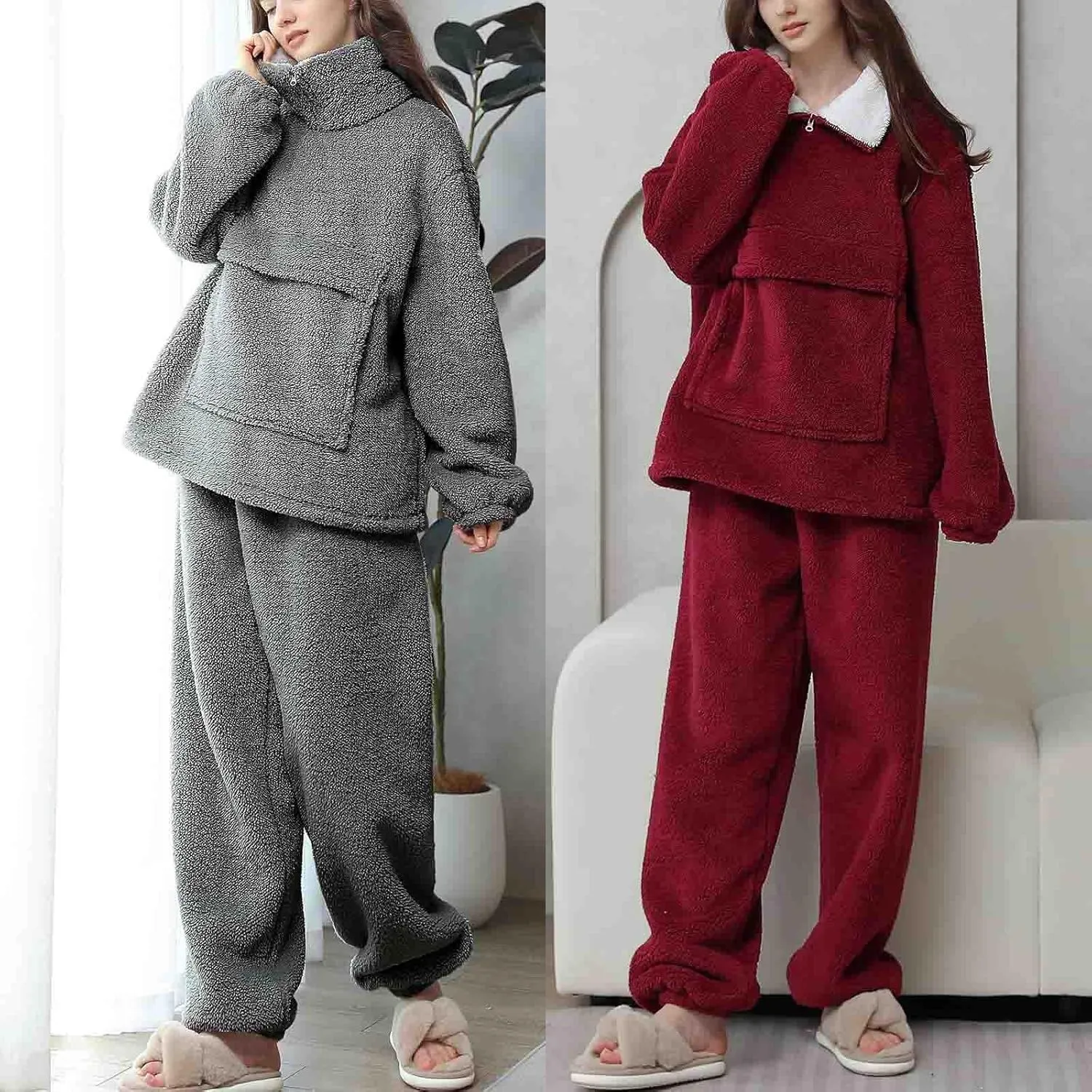 HGps8w Women's Fuzzy Fleece Pajama Sets - Warm Winter Pullover Lapel Oversized Sleepwear Tops with Plush Pants Lounge Pjs
