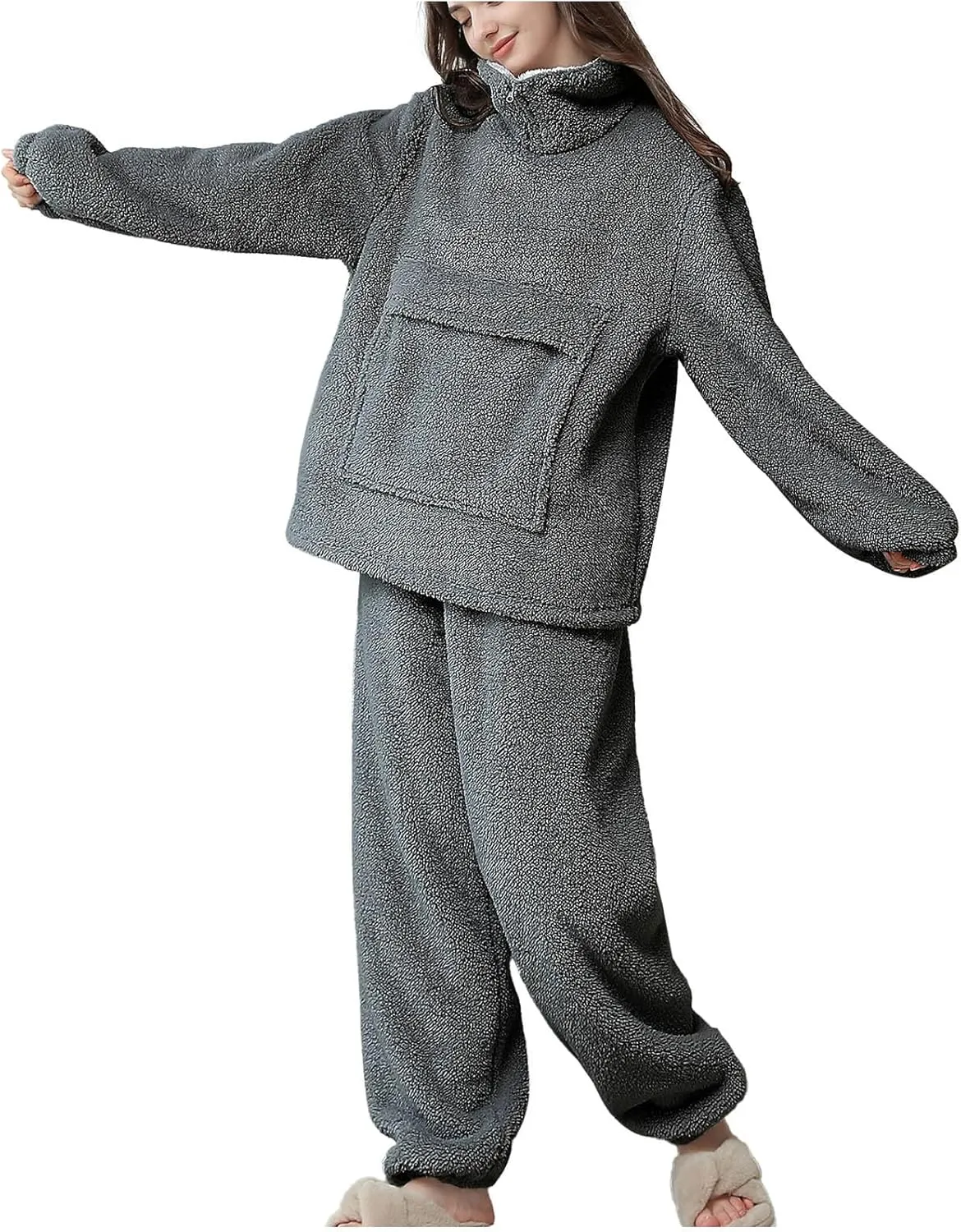 HGps8w Women's Fuzzy Fleece Pajama Sets - Warm Winter Pullover Lapel Oversized Sleepwear Tops with Plush Pants Lounge Pjs