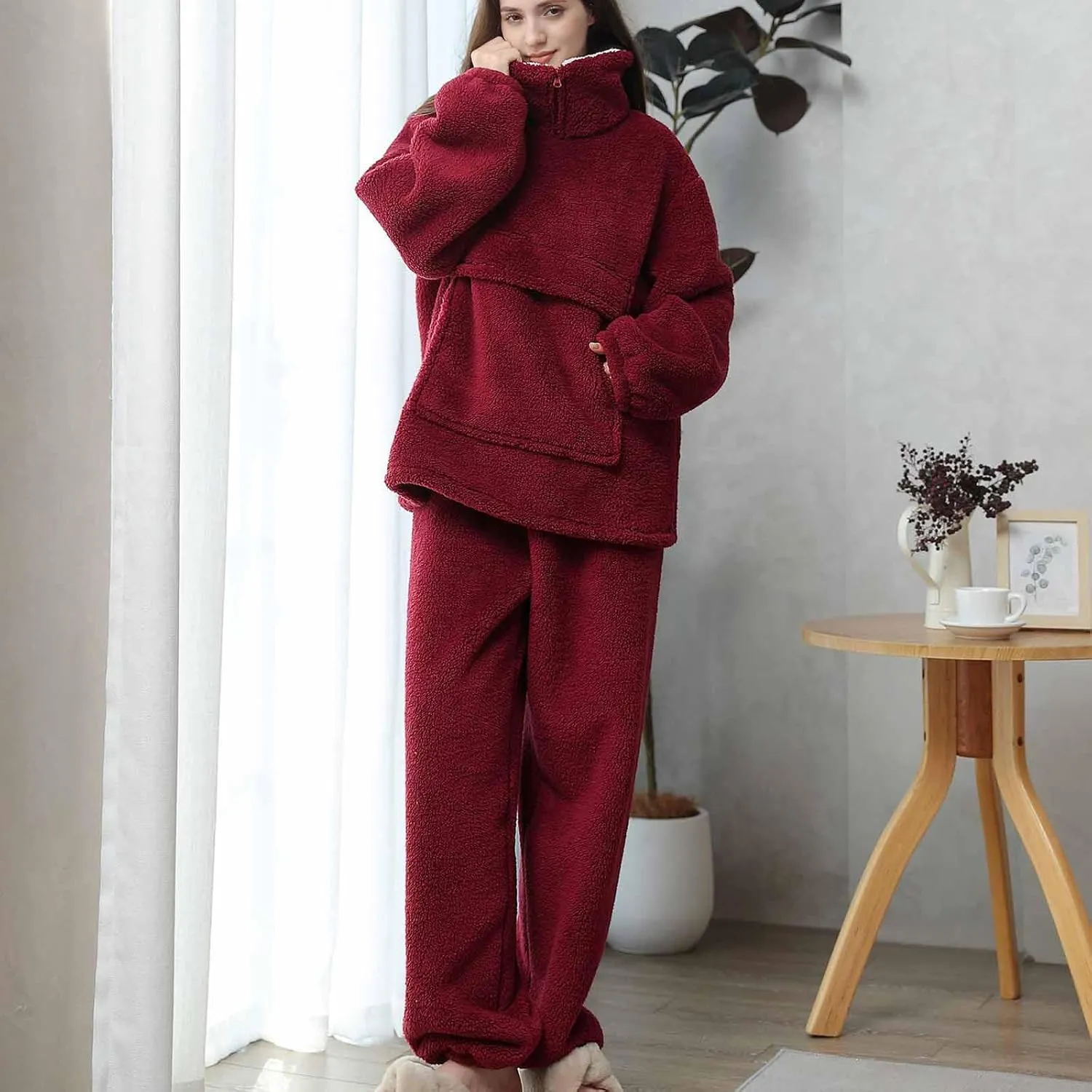 HGps8w Women's Fuzzy Fleece Pajama Sets - Warm Winter Pullover Lapel Oversized Sleepwear Tops with Plush Pants Lounge Pjs