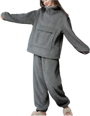 HGps8w Women's Fuzzy Fleece Pajama Sets - Warm Winter Pullover Lapel Oversized Sleepwear Tops with Plush Pants Lounge Pjs