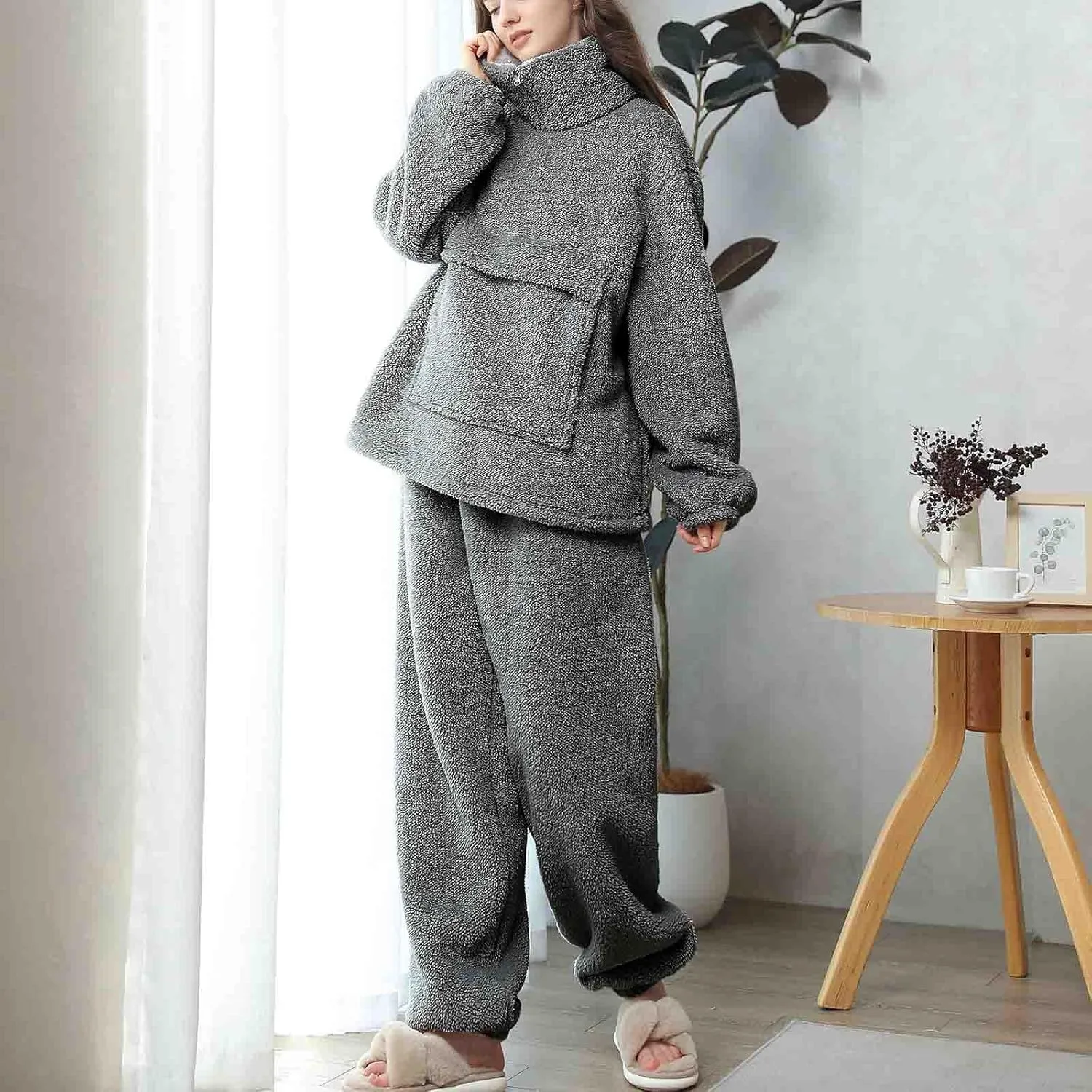 HGps8w Women's Fuzzy Fleece Pajama Sets - Warm Winter Pullover Lapel Oversized Sleepwear Tops with Plush Pants Lounge Pjs