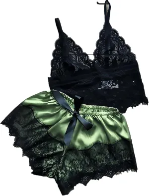 HGps8w Women's Sexy Pajama Sets - Deep V Neck Crop Camisole Lace Tops with Satin Slik Shorts 2 Piece Lounge Sleepwear