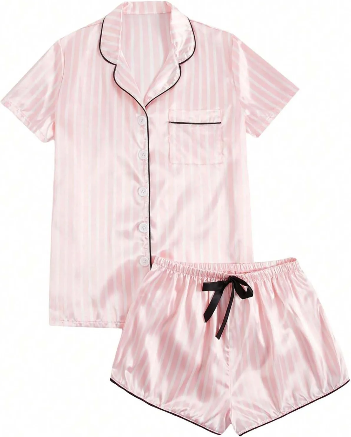 HGps8w Women's Striped Satin Slik Pajama Sets - Short Sleeve Lapel Button Down Top with Shorts 2 Piece Lounge Sleepwear
