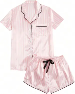 HGps8w Women's Striped Satin Slik Pajama Sets - Short Sleeve Lapel Button Down Top with Shorts 2 Piece Lounge Sleepwear