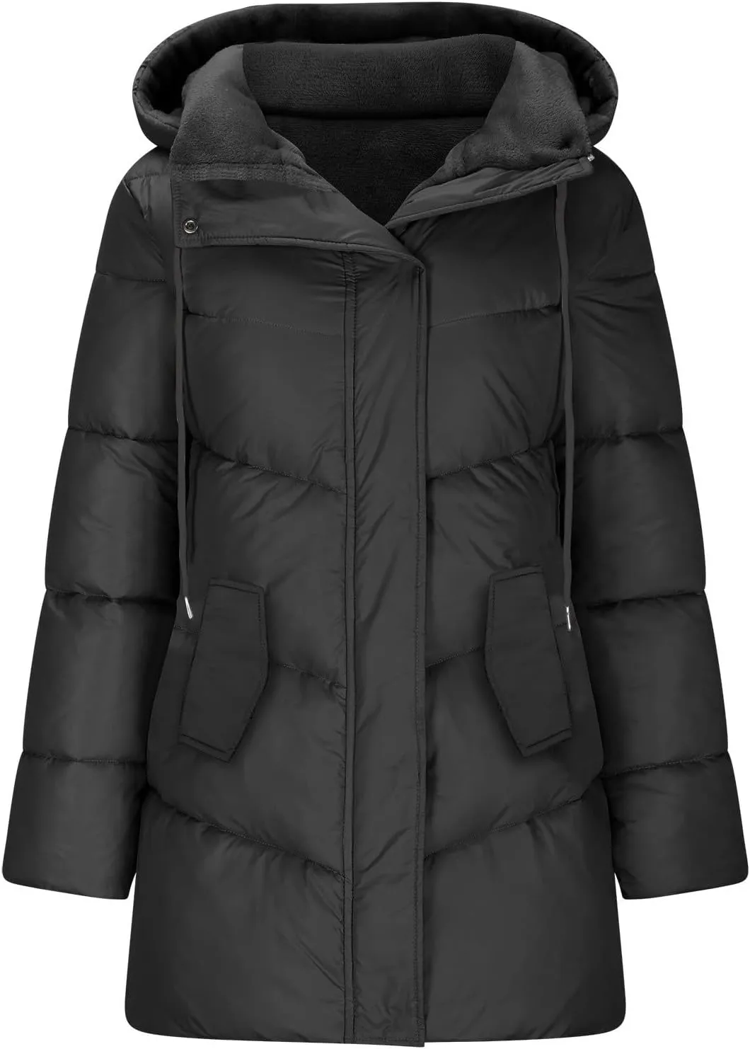 Hoodies for Women Fleece Lined Button Down Puffer Jacket Long Lightweight Winter Coats Loose Fit Casaul Versatile Parka