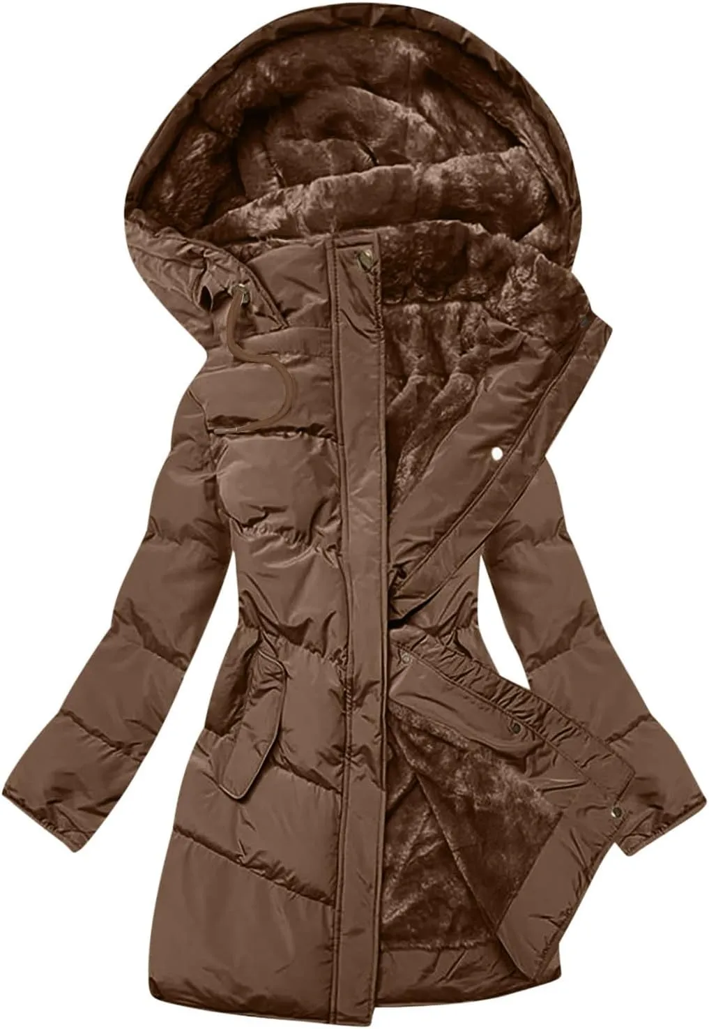 Hoodies for Women Fleece Lined Button Down Puffer Jacket Long Lightweight Winter Coats Loose Fit Casaul Versatile Parka