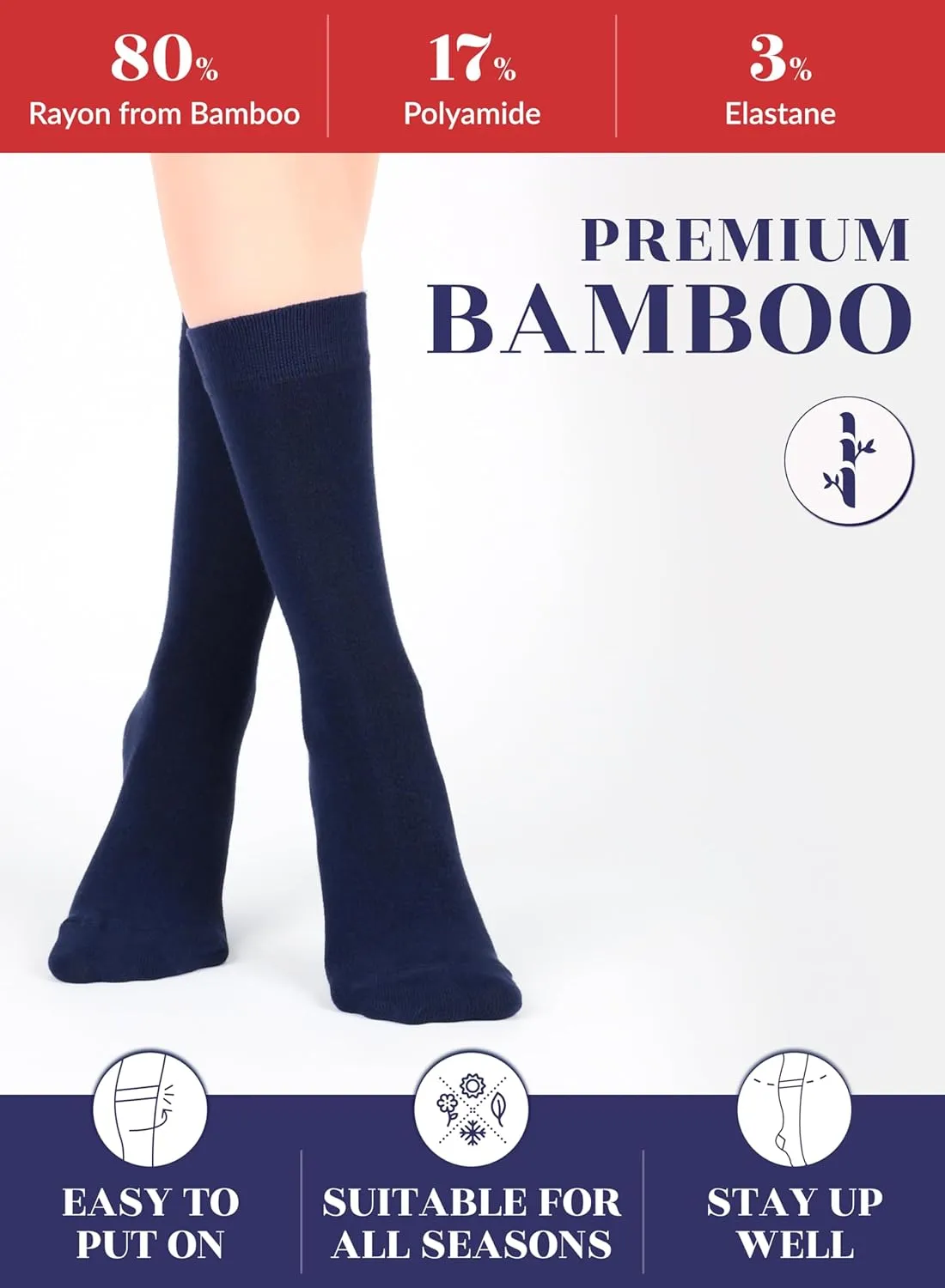 Hugh Ugoli Womens Bamboo Dress Socks, Extremely Soft & Thin & Crew Socks for Business Trouser Casual, Non-Binding, 3-6 Pairs