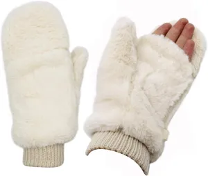 JUMISEE Women Winter Faux Fur Flip Cover Mittens Warm Soft Half Finger Fingerless Gloves
