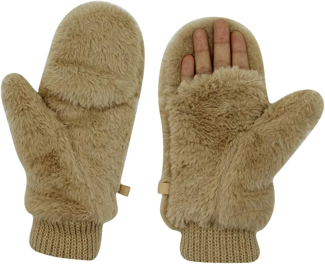 JUMISEE Women Winter Faux Fur Flip Cover Mittens Warm Soft Half Finger Fingerless Gloves
