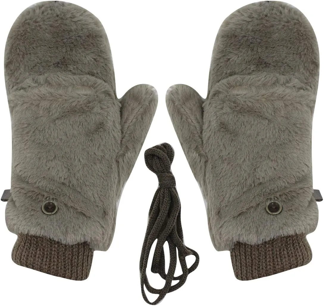 JUMISEE Women Winter Faux Fur Flip Cover Mittens Warm Soft Half Finger Fingerless Gloves