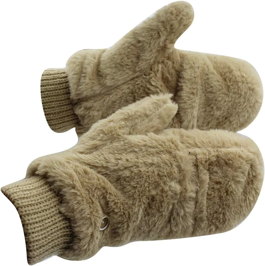 JUMISEE Women Winter Faux Fur Flip Cover Mittens Warm Soft Half Finger Fingerless Gloves