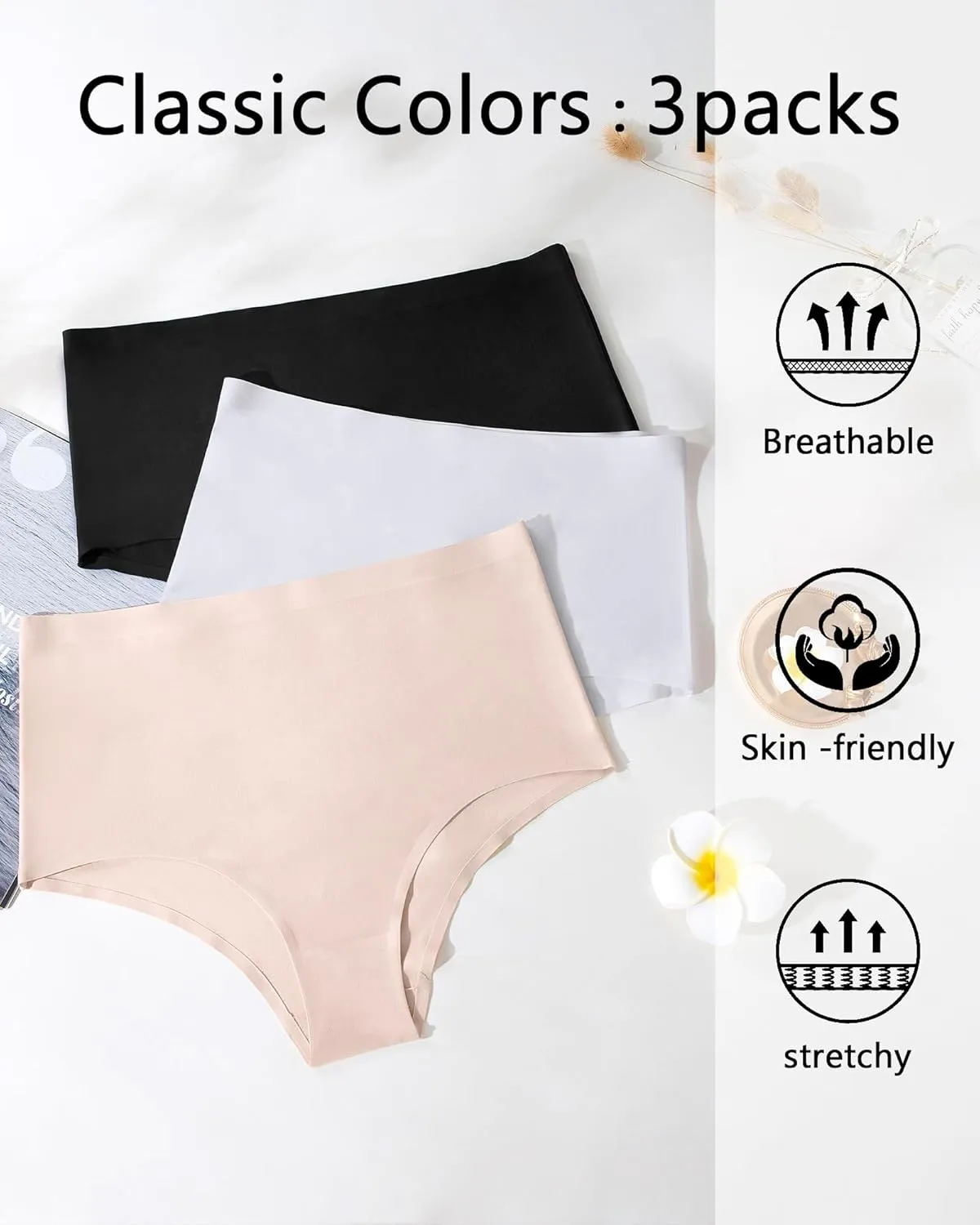 K-CHEONY Womens High Waisted Thongs No Show Panties Lightweight Soft Stretch High Cut Underwear 3 Pack