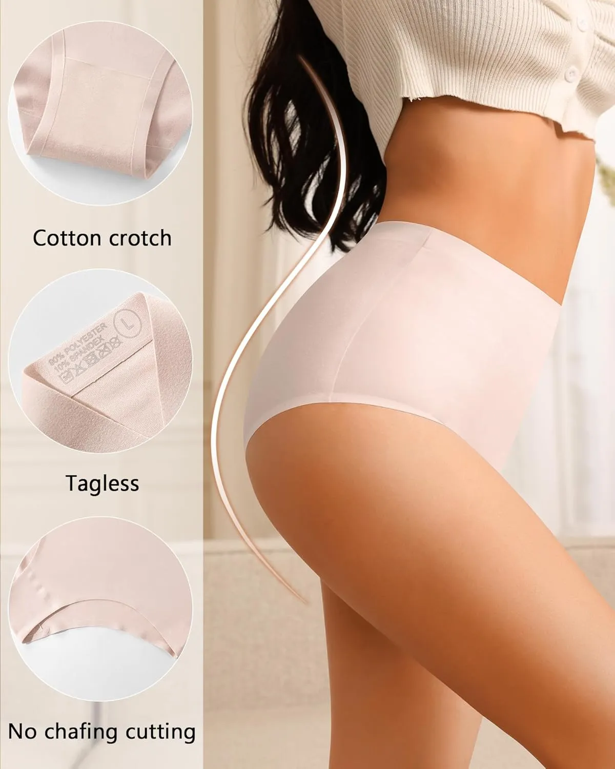 K-CHEONY Womens High Waisted Thongs No Show Panties Lightweight Soft Stretch High Cut Underwear 3 Pack